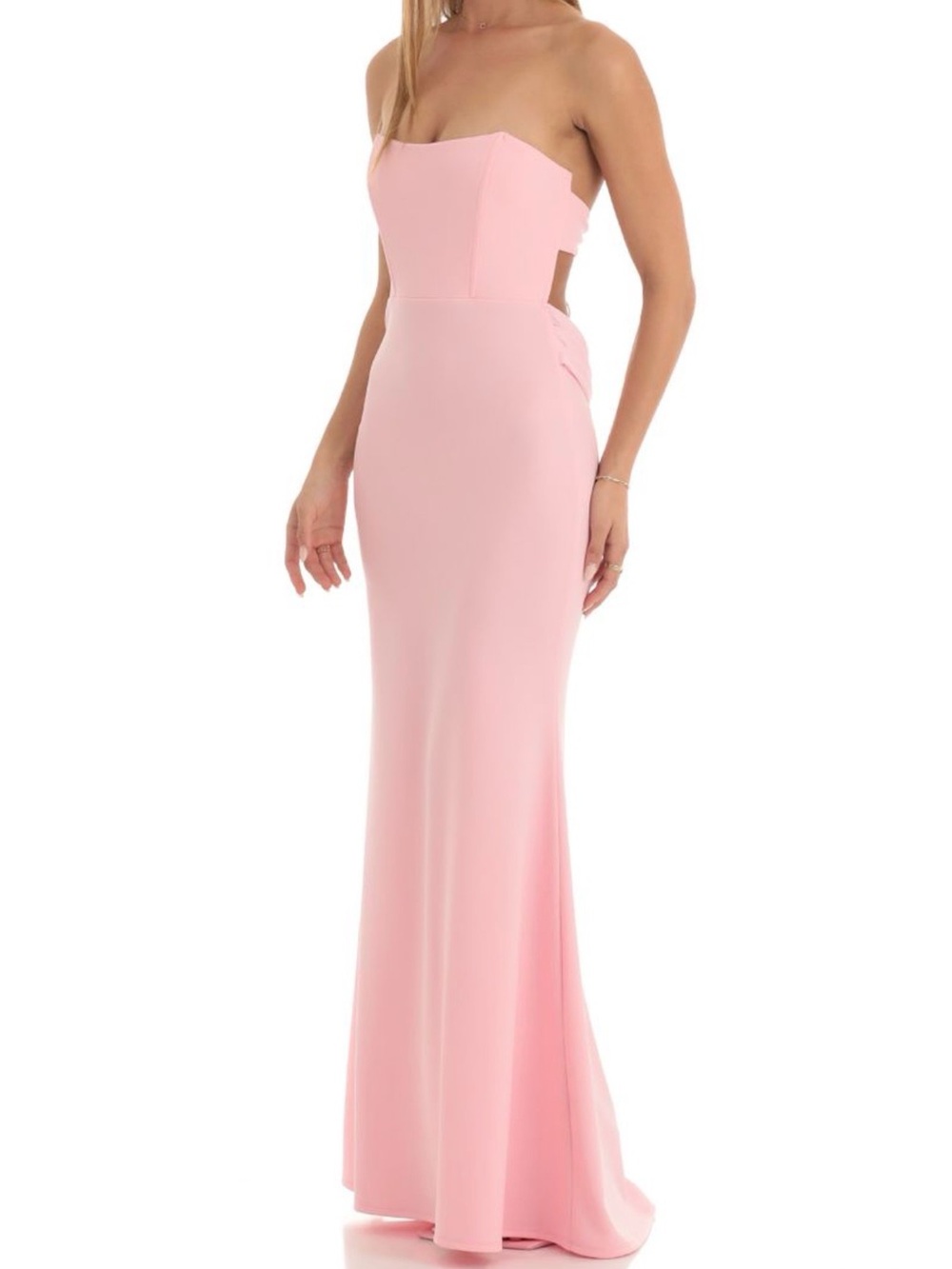 Lucy In The Sky Ruched Strapless Corset Maxi Formal Dress (Pink) small - Picture 2 of 13